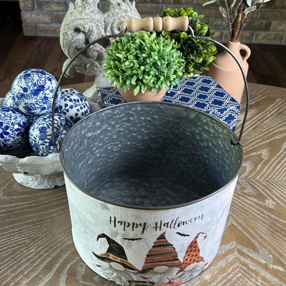 NEW! Cottage Farmhouse Enchanted Gnome Distressed Metal Halloween Bucket Basket - Picture 3 of 7